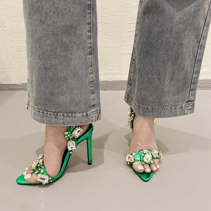 Fashionable cross strap rhinestones with exposed toes and high heels sandals