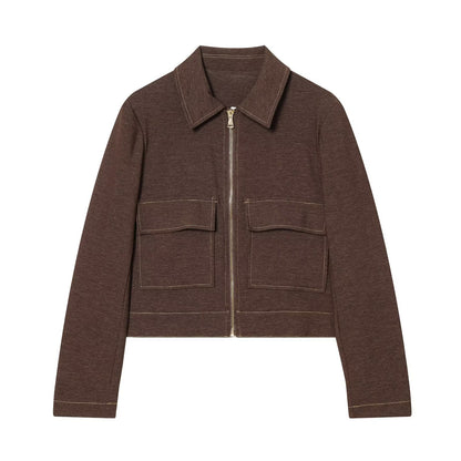 Collar zipper long sleeved flip pocket short jacket