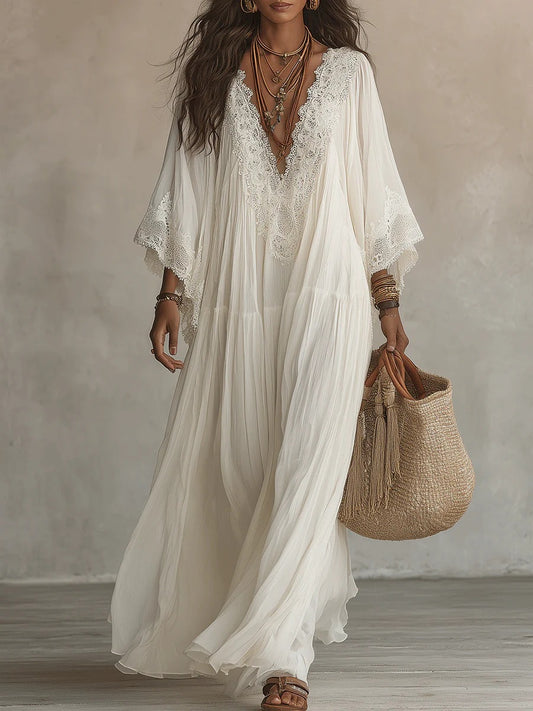 White Lace V-Neck Long Dress with Batwing Sleeves for Beach Holiday