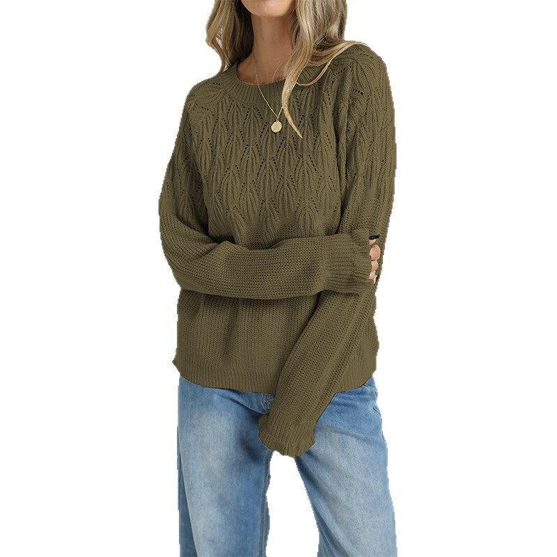 Women's Loose Round Neck Long Sleeve Solid Thick Knit Pullover Sweater