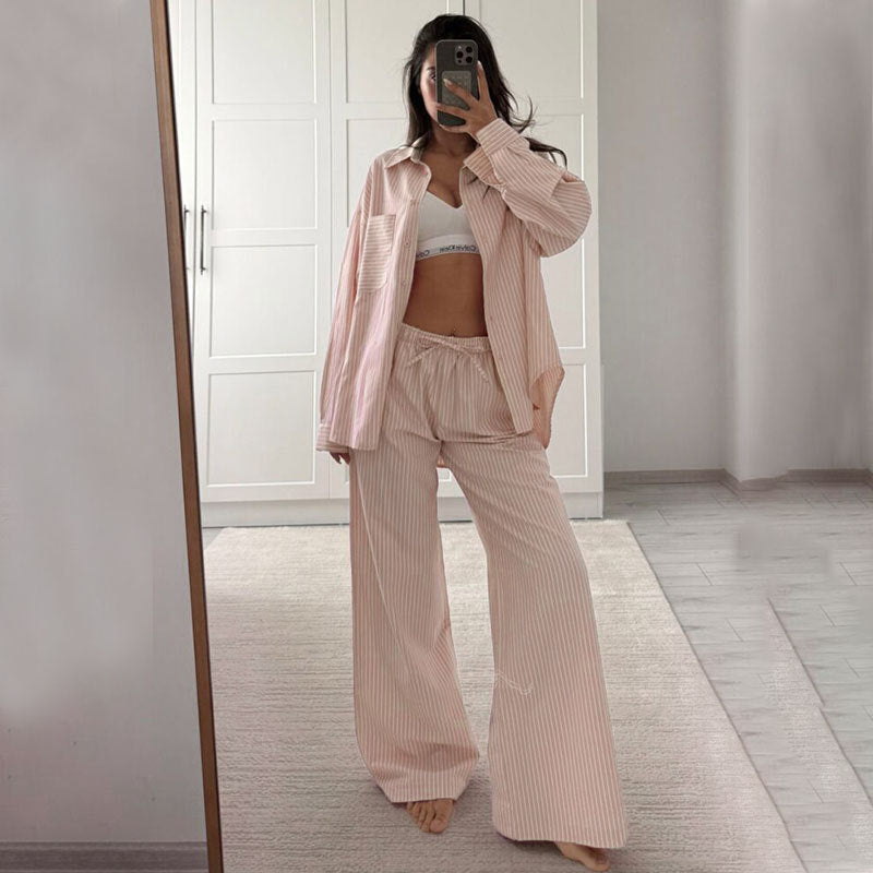 Dames casual gestreepte overhemd  met lange mouwen en  broek set