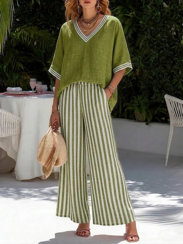 Linen-Cotton Set: Loose V-Neck Short-Sleeve Top and Striped Wide-Leg Pants