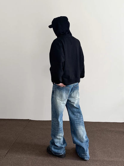 Mens Washed Denim Wide Leg Trousers
