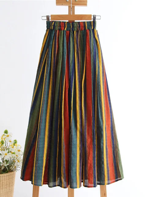 Qooth Spring Summer Women High-waisted Vertical Striped Skirts Women Chiffon Midi A-line Skirt With Big Swing