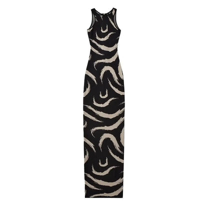 Women Elegant Abstract Maxi Dress Summer Sleeveless Knits Elastic Slim 3 Colors Long Dresses