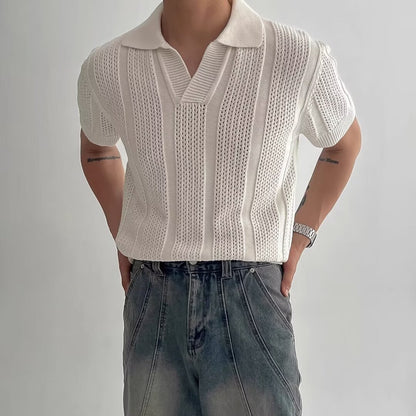 Men's Cut Out Mesh Texture Knitted Short Sleeve Polo Shirt