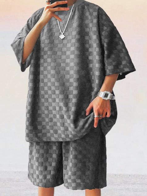 Men's Jacquard Plaid Casual T-Shirt and Shorts Set