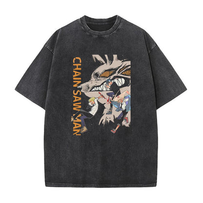 Summer New Anime Chainsaw Man Printed T-Shirt Summer Cotton Washed Vintage Short-Sleeved Top