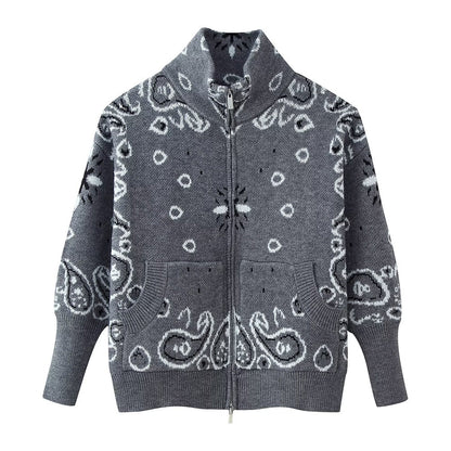 Loose Tricolor Zipper Long Sleeve Cardigan Sweater Jacket