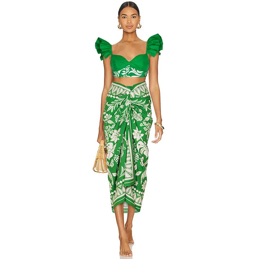 Modieuze bedrukte groene bikini set met ruches