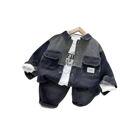 Baby autumn block denim long sleeved three piece set