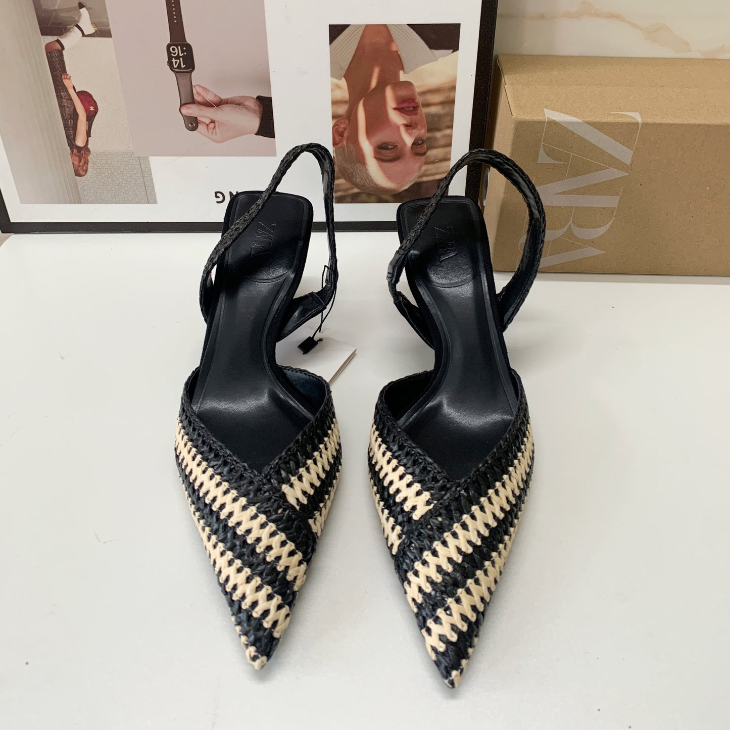 Franse luxe slingback pumps met gevlochten stiksels en spitse neus