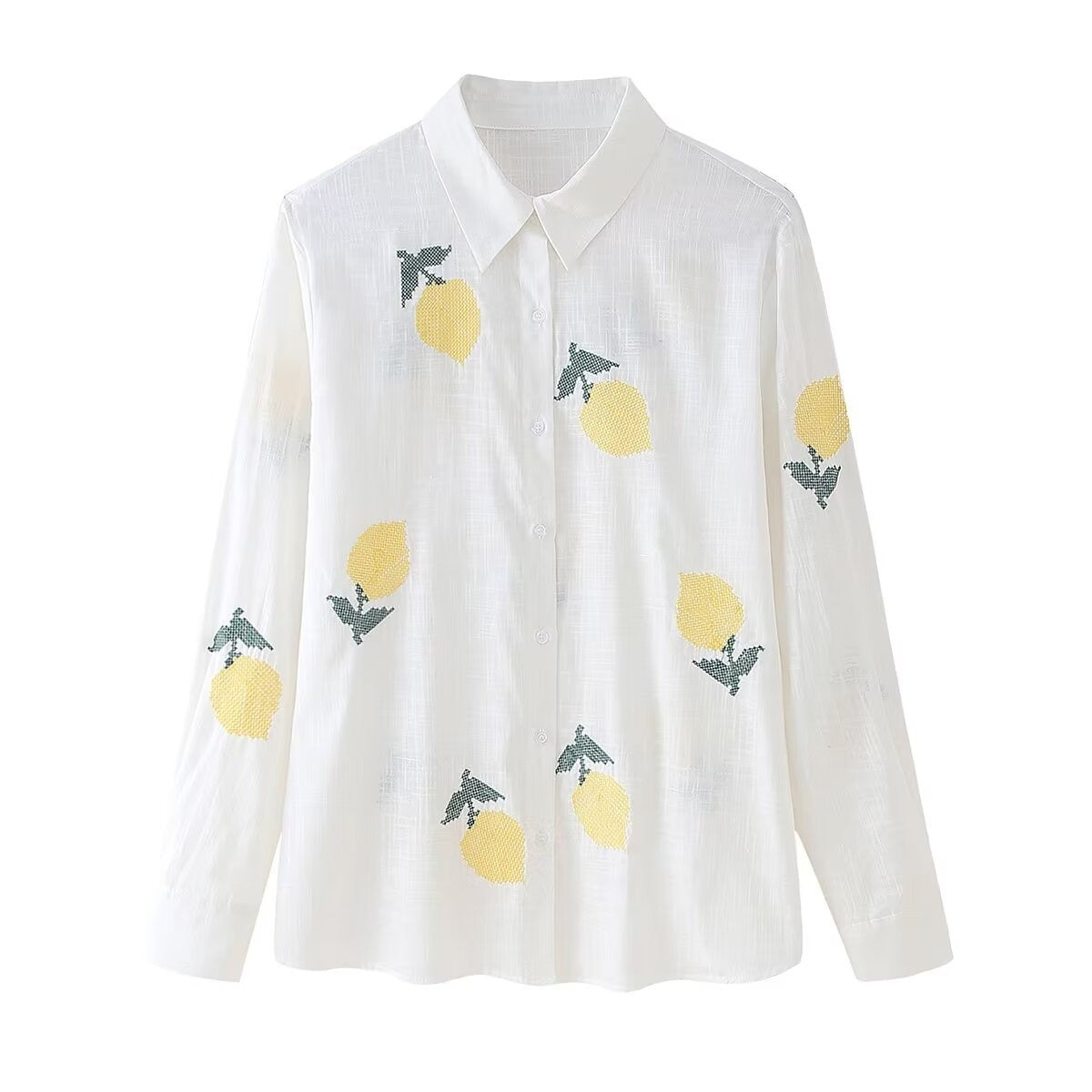 European and American summer new fashionable collar long sleeved cotton linen single breasted white shirt top for women