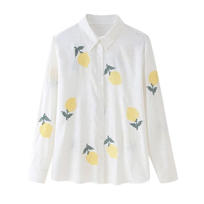 European and American summer new fashionable collar long sleeved cotton linen single breasted white shirt top for women