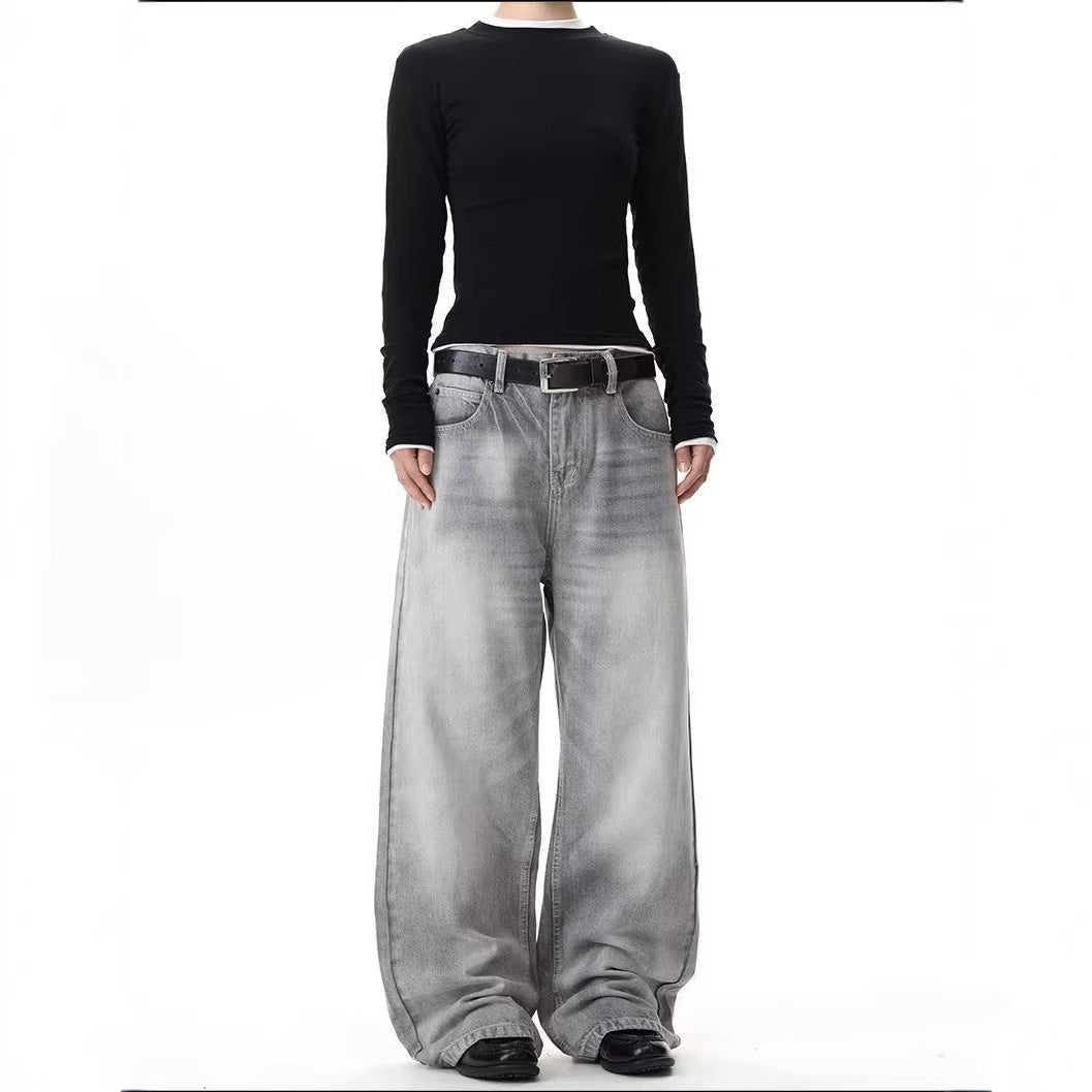 Gewassen grijsgroene losse denim jeans unisex