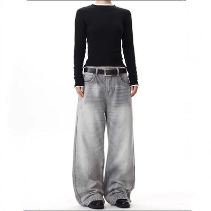 Gewassen grijsgroene losse denim jeans unisex