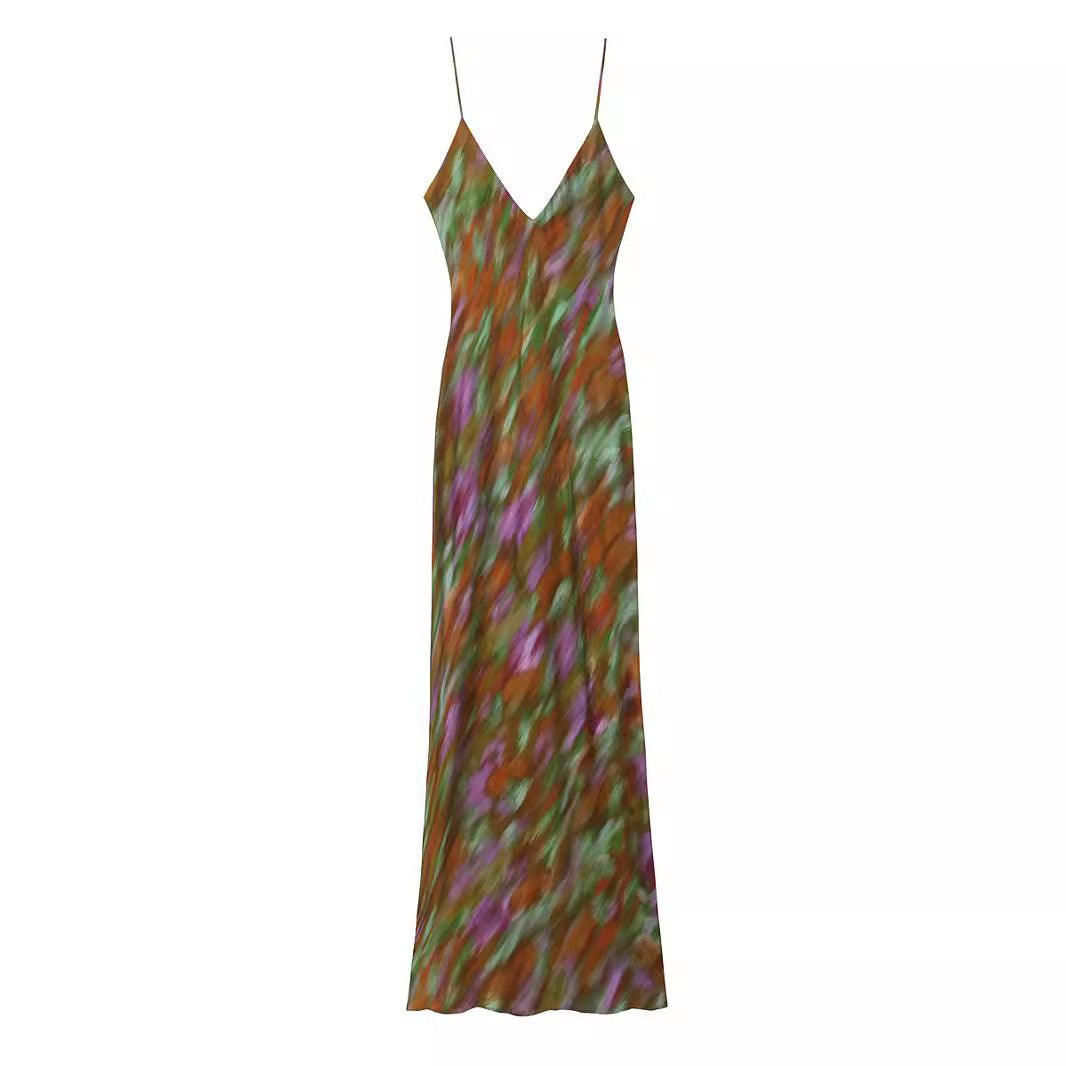 Fashionable and casual long printed lingerie style camisole dress for women