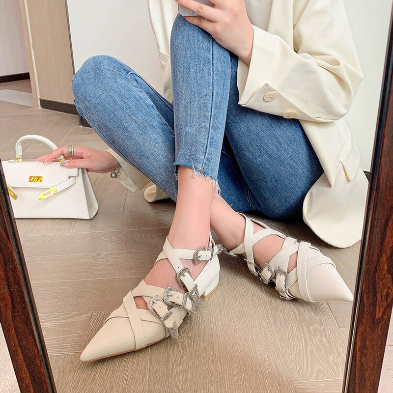 Punk Multi Metal Buckle Flat Shoes Women Real Genuine Leather Cross-band Pointed Toe Flats Ladies Casual Shoes Comfort