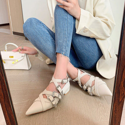 Punk Multi Metal Buckle Flat Shoes Women Real Genuine Leather Cross-band Pointed Toe Flats Ladies Casual Shoes Comfort