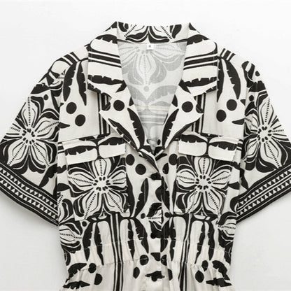 Versatile woven Cuban collar jumpsuit shorts