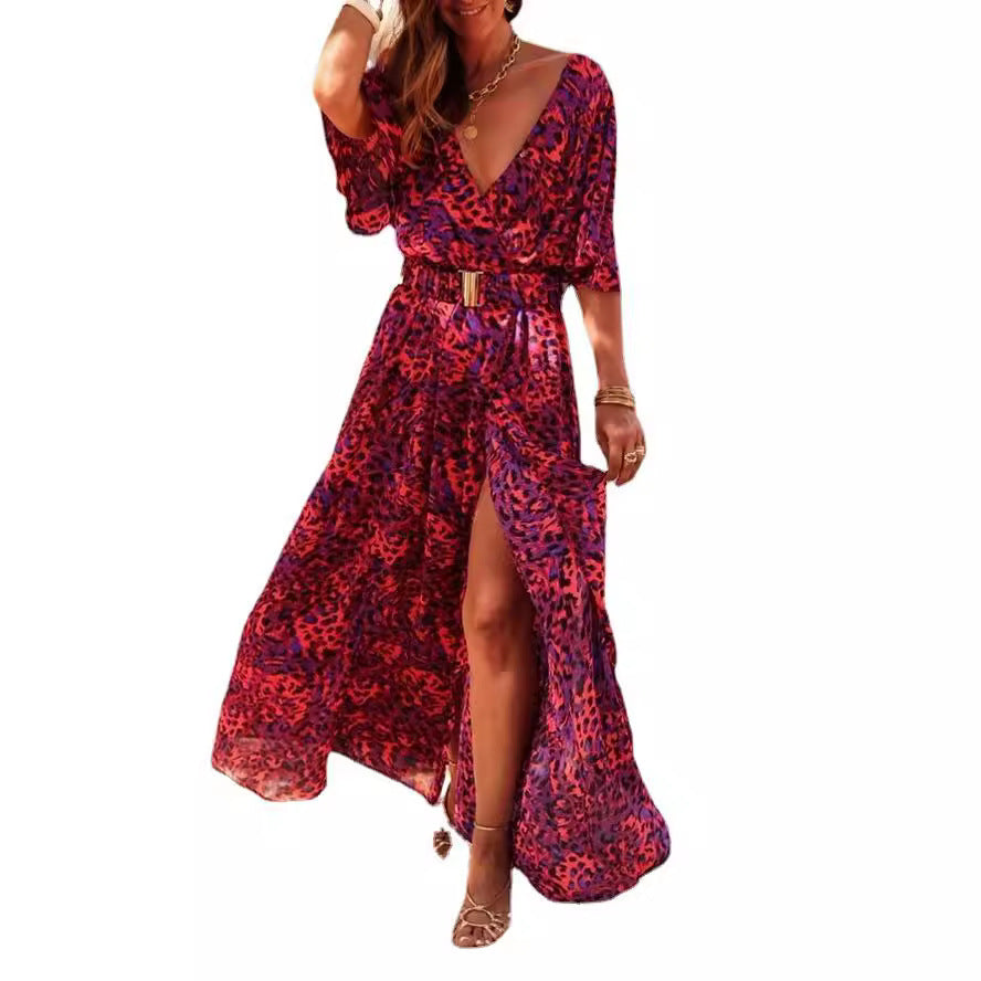 Printed Short-Sleeve Oversized Flare Dress