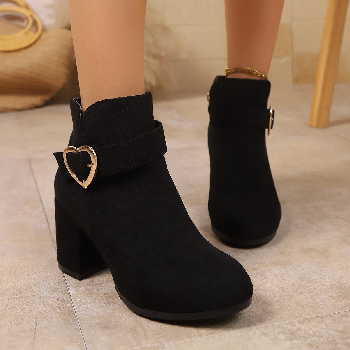 Women's Heart Metal Buckle Suede Mid-Heel Short Boots with Side Zipper