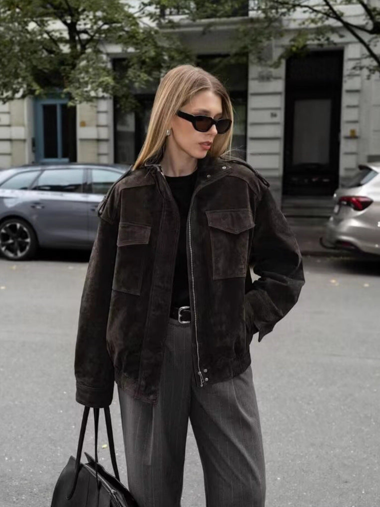 Women's Stand Collar Suede Texture Jacket