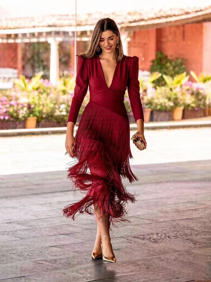 Deep V Tassel Slim Fit Dress