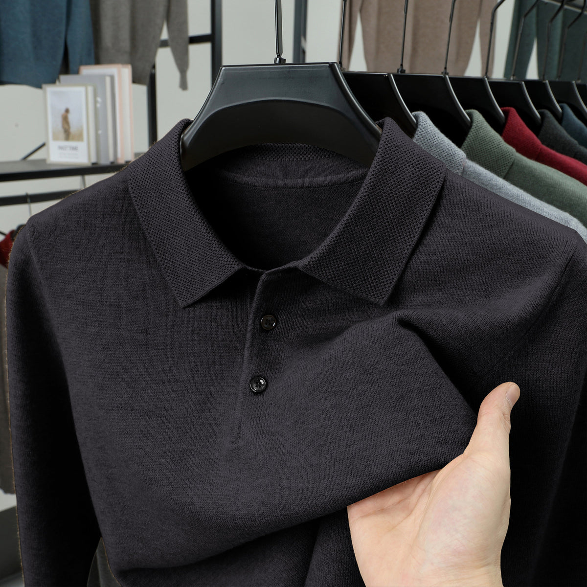Mens Wool Blend Sweater with Turn-Down Collar