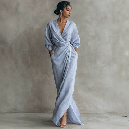 Elegant V-Neck Long Sleeve Waist-Cinching Dress