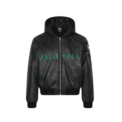 Letter embroidery hooded leather jacket