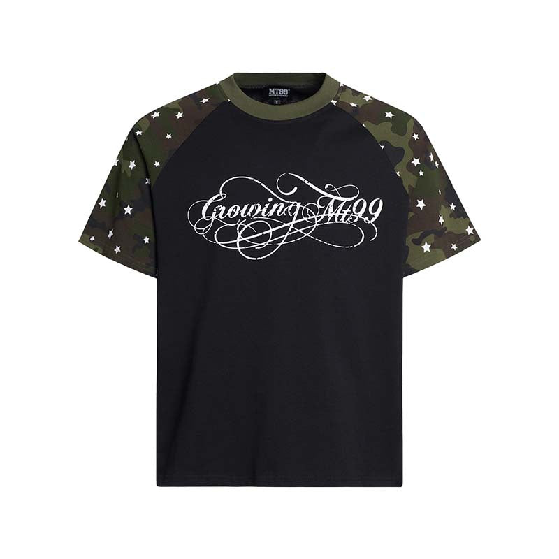 Letter print color blocking splicing round neck short sleeved shirt