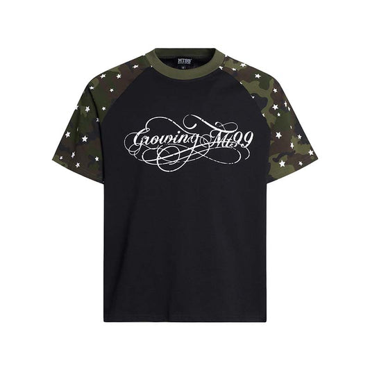 Letter print color blocking splicing round neck short sleeved shirt