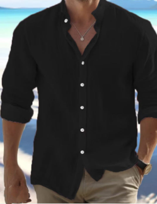 Casual Linen Button-Down Shirt for Men Long Sleeve Solid Color Stand Collar Summer Beach Wear Everyday Clothing