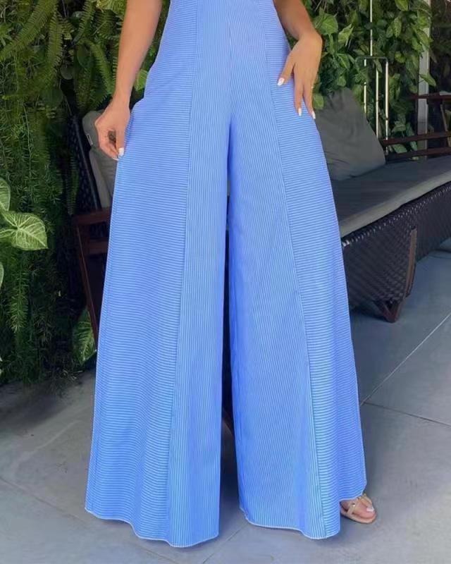 New European and American womens sleeveless solid color casual loose striped wide leg jumpsuit