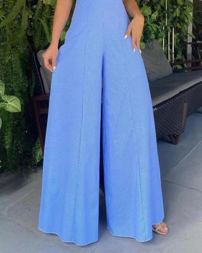 New European and American womens sleeveless solid color casual loose striped wide leg jumpsuit