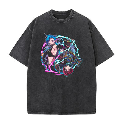 Summer New Anime League of Legends Pattern Printed T-Shirt Summer Cotton Washed Vintage Short Sleeve