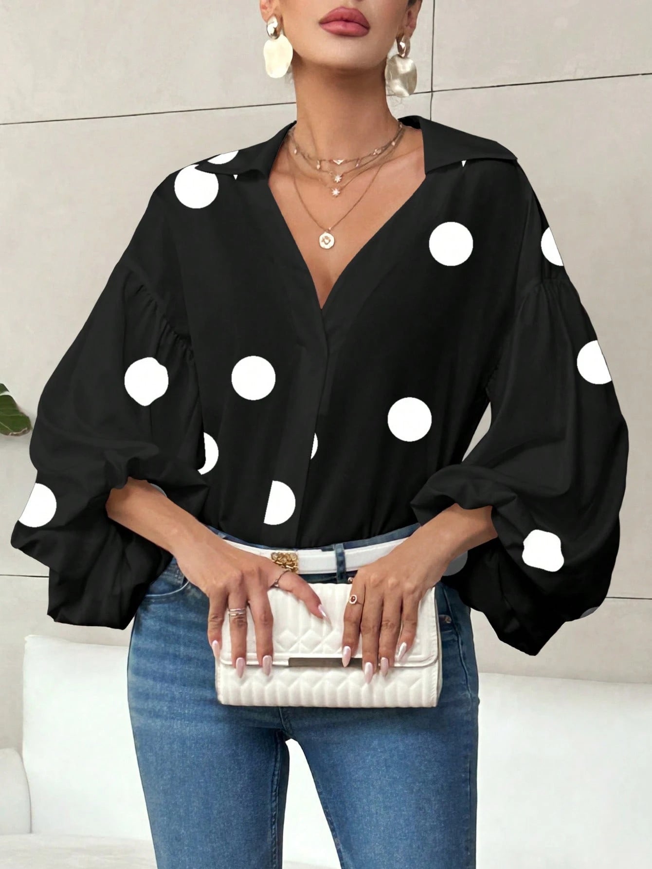 Polka Dot Half-Open Neck Loose Bubble Sleeve Long Sleeve Top