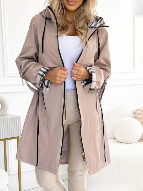 Women's Hooded Plaid Printed Windbreaker Coat