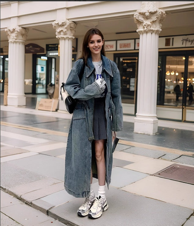 Women Long Denim Trench Coat