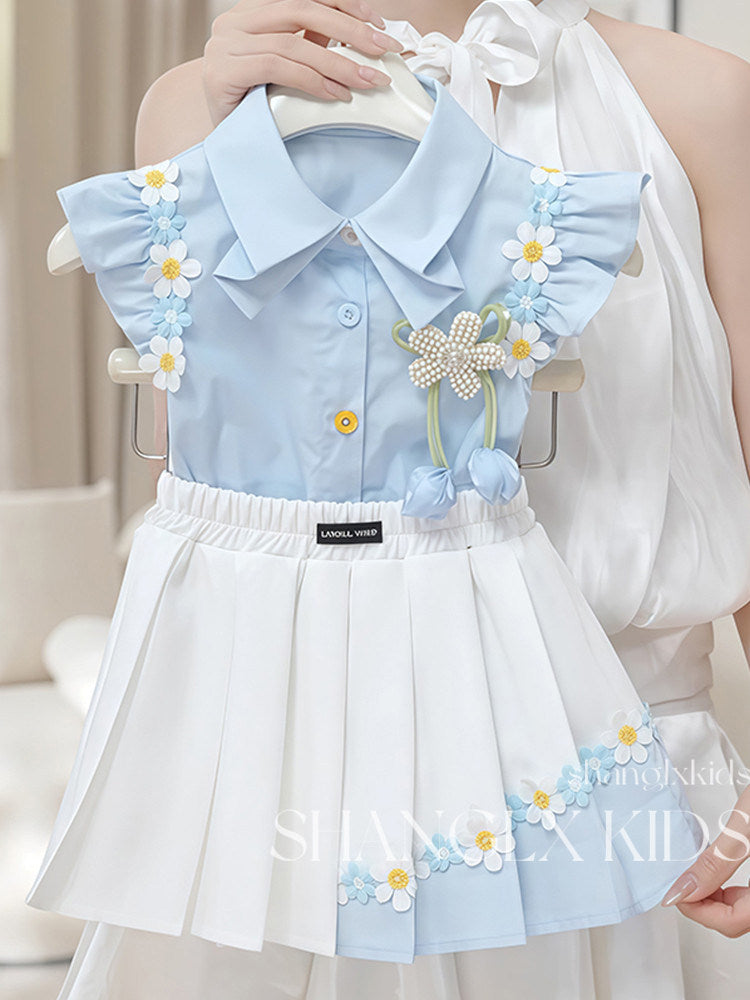 Girls Preppy Floral Pleated Outfit