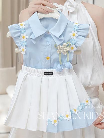 Girls Preppy Floral Pleated Outfit