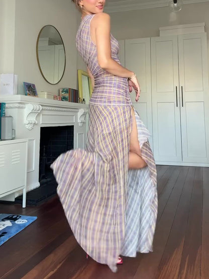 Geruite off-shoulder splitjurk