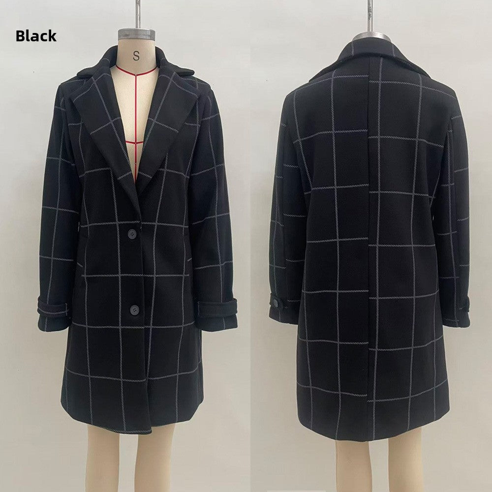 Retro Plaid Mid-Length Lapel Coat for Women