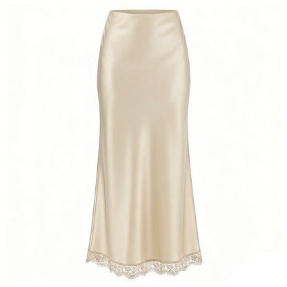 Women's High-Waisted Lace Satin A-Line Maxi Midi Skirt