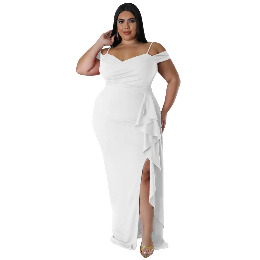 Ruffled Sling Dress with High Slit