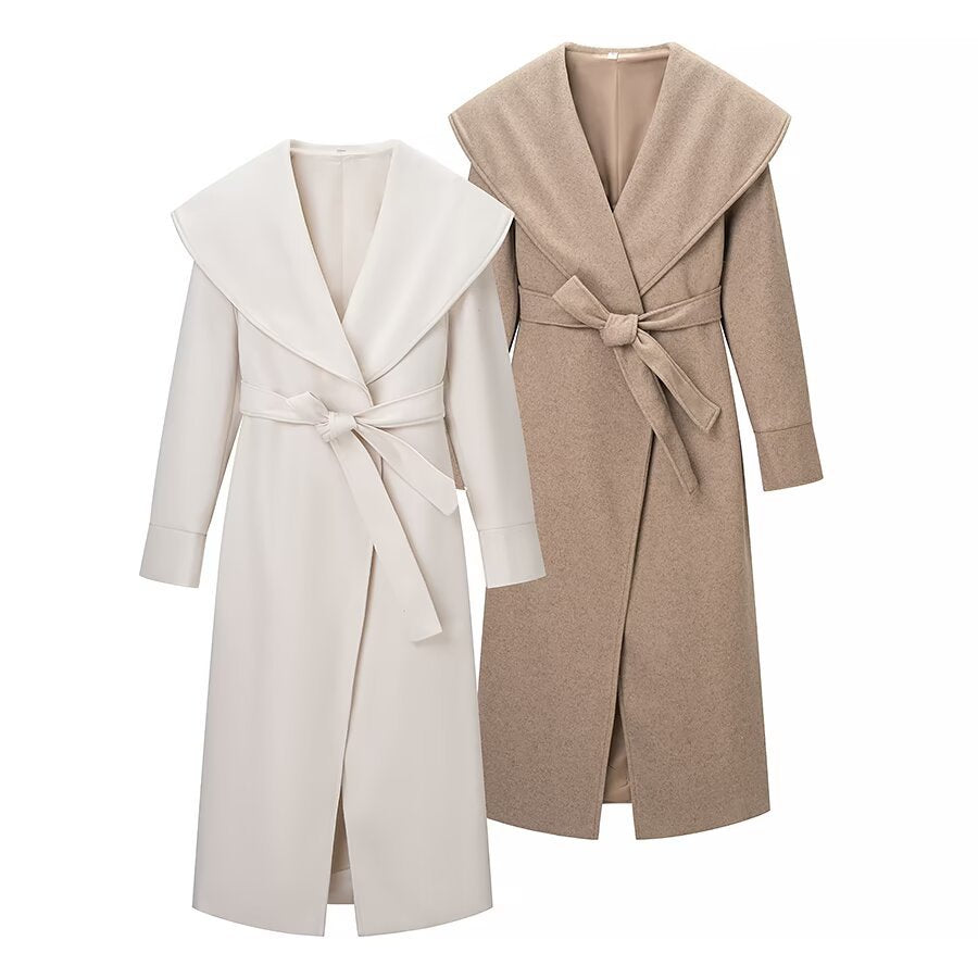 Elegante wollen jas met brede revers en tailleband