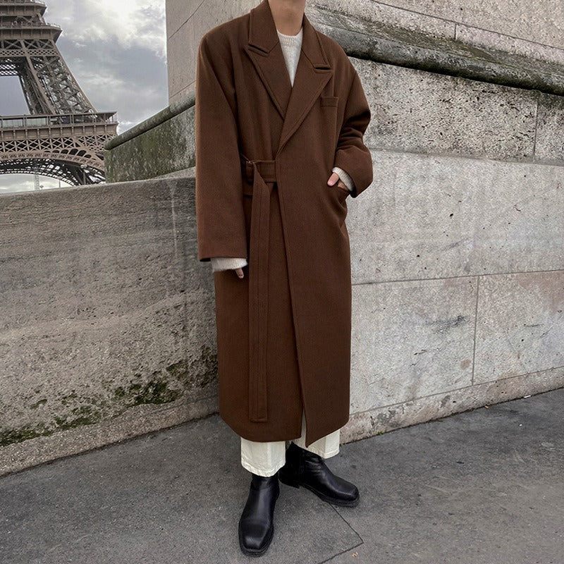 Trendy Korean version coat Trendy solid color minimalist medium length woolen coat Wide and thick coat