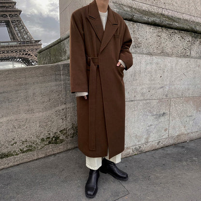 Trendy Korean version coat Trendy solid color minimalist medium length woolen coat Wide and thick coat