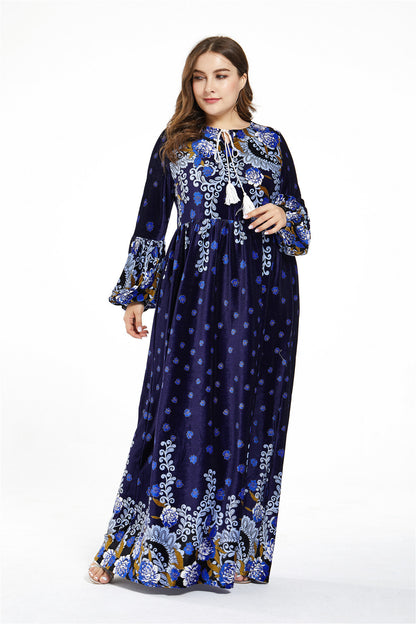 Bedrukte fluwelen maxi-jurk